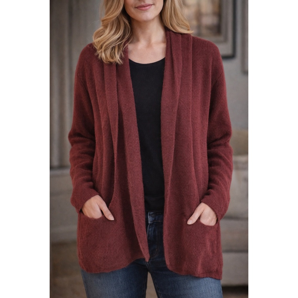American South Side Alpaca Wool Open Front Cardigan‎ Sweater Burgundy Made Peru
